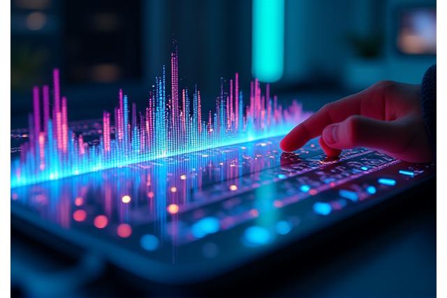 Visualisation de forme d'onde musicale sur un écran d'ordinateur avec des éléments d'interface utilisateur IA.