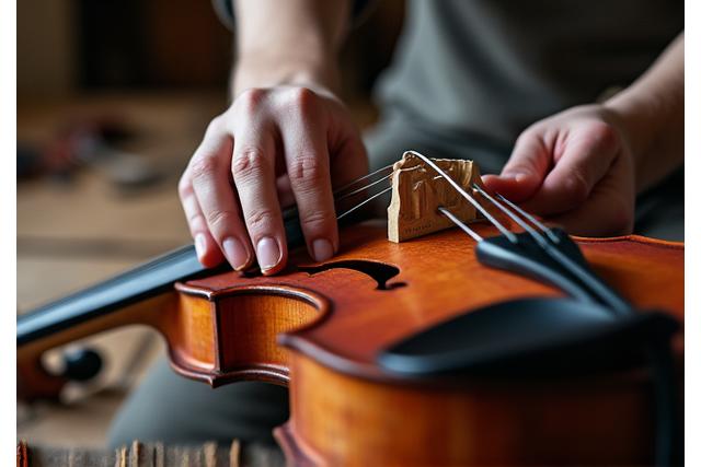Luthier travaillant méticuleusement sur un violon ancien.